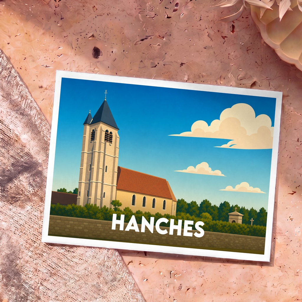 Carte postale souvenir de la ville de Hanches avec une illustration stylisée de son église.