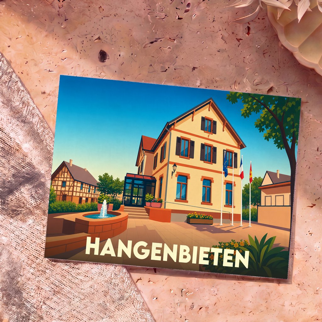 Carte postale souvenir de la ville de Hangenbieten avec une illustration stylisée de sa mairie.