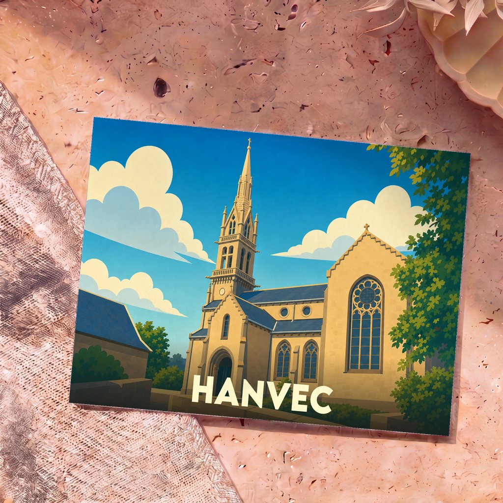 Carte postale souvenir de la ville de Hanvec avec une illustration stylisée de son église sous un ciel bleu.