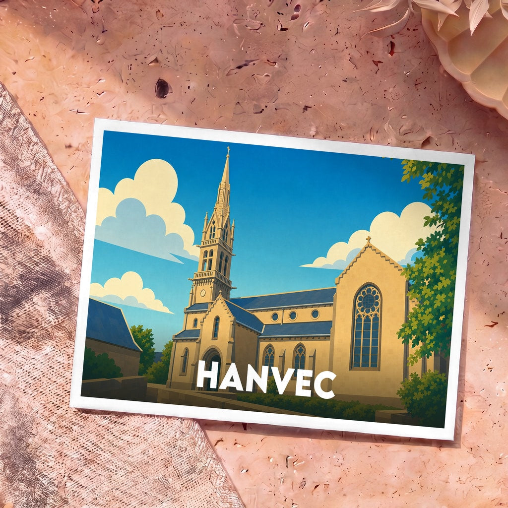 Carte postale souvenir de la ville de Hanvec avec une illustration stylisée de son église sous un ciel bleu.