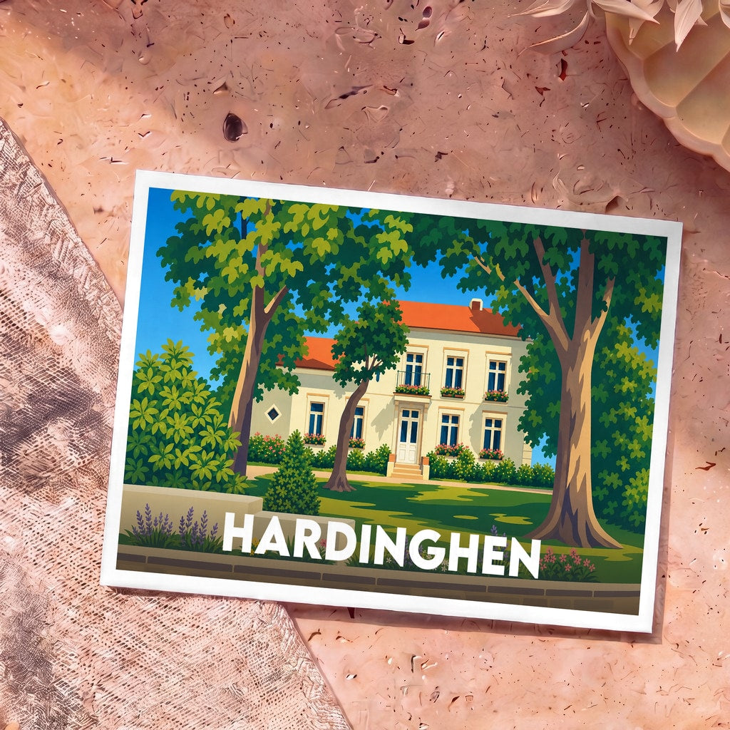 Carte postale souvenir de la ville de Hardinghen avec une illustration stylisée représentant une demeure entourée de verdure.
