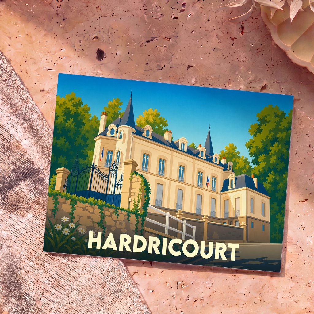 Carte postale souvenir de la ville de Hardricourt avec une illustration stylisée de son château.