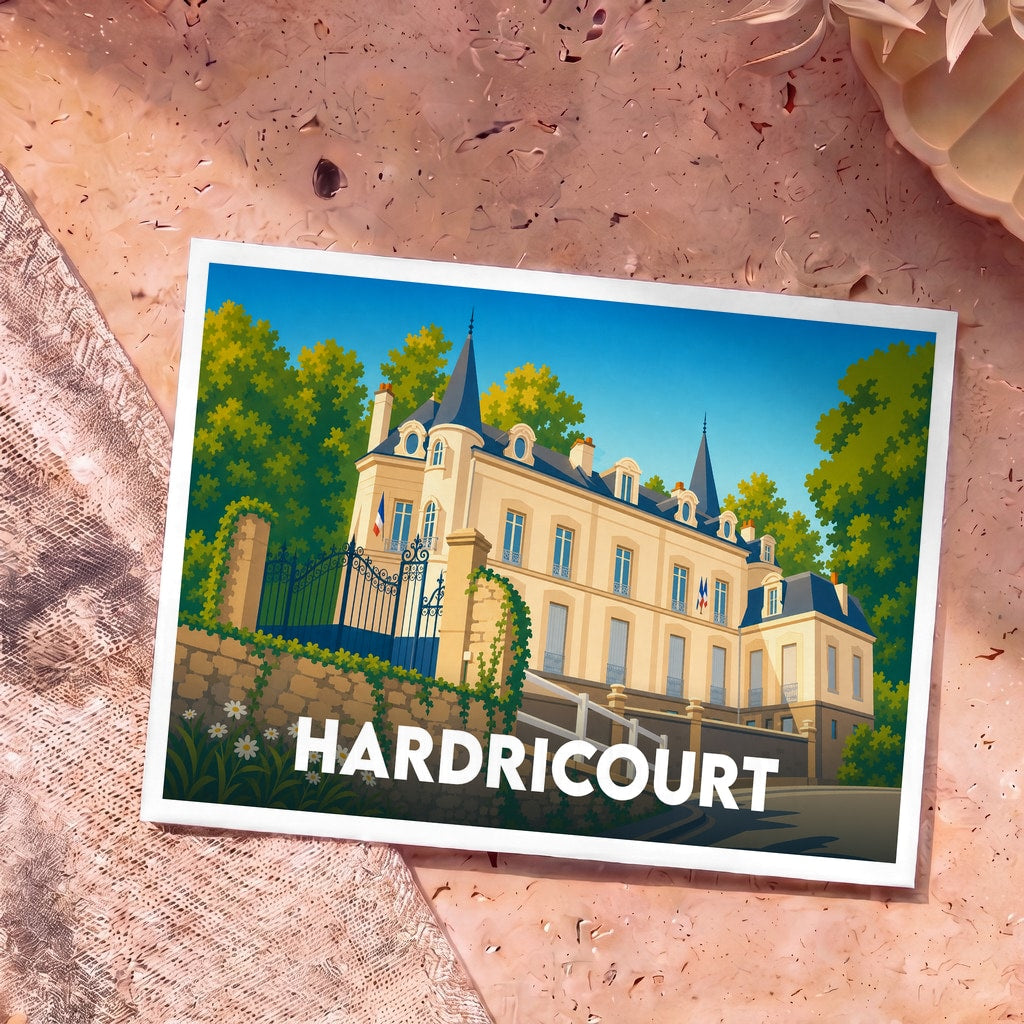 Carte postale souvenir de la ville de Hardricourt avec une illustration stylisée de son château.