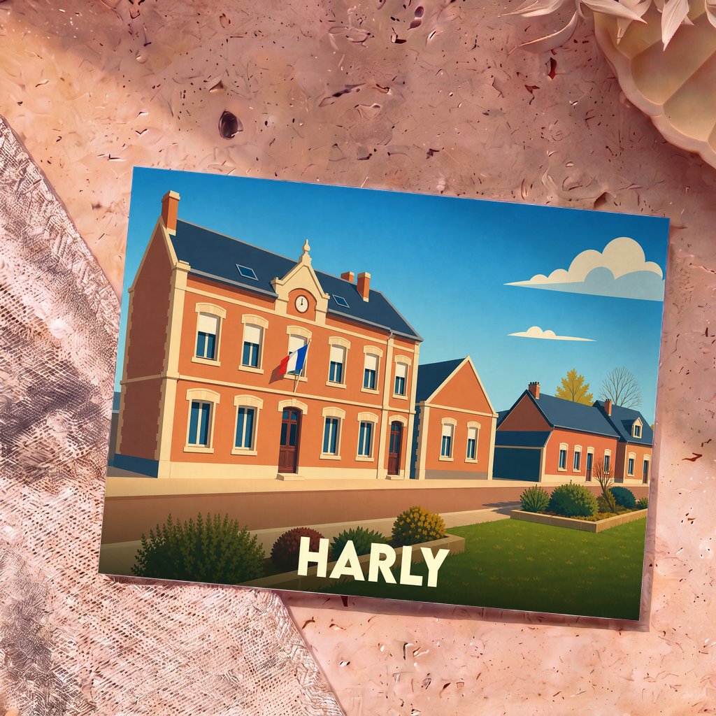 Carte postale souvenir de la ville de Harly avec une illustration stylisée de sa mairie.
