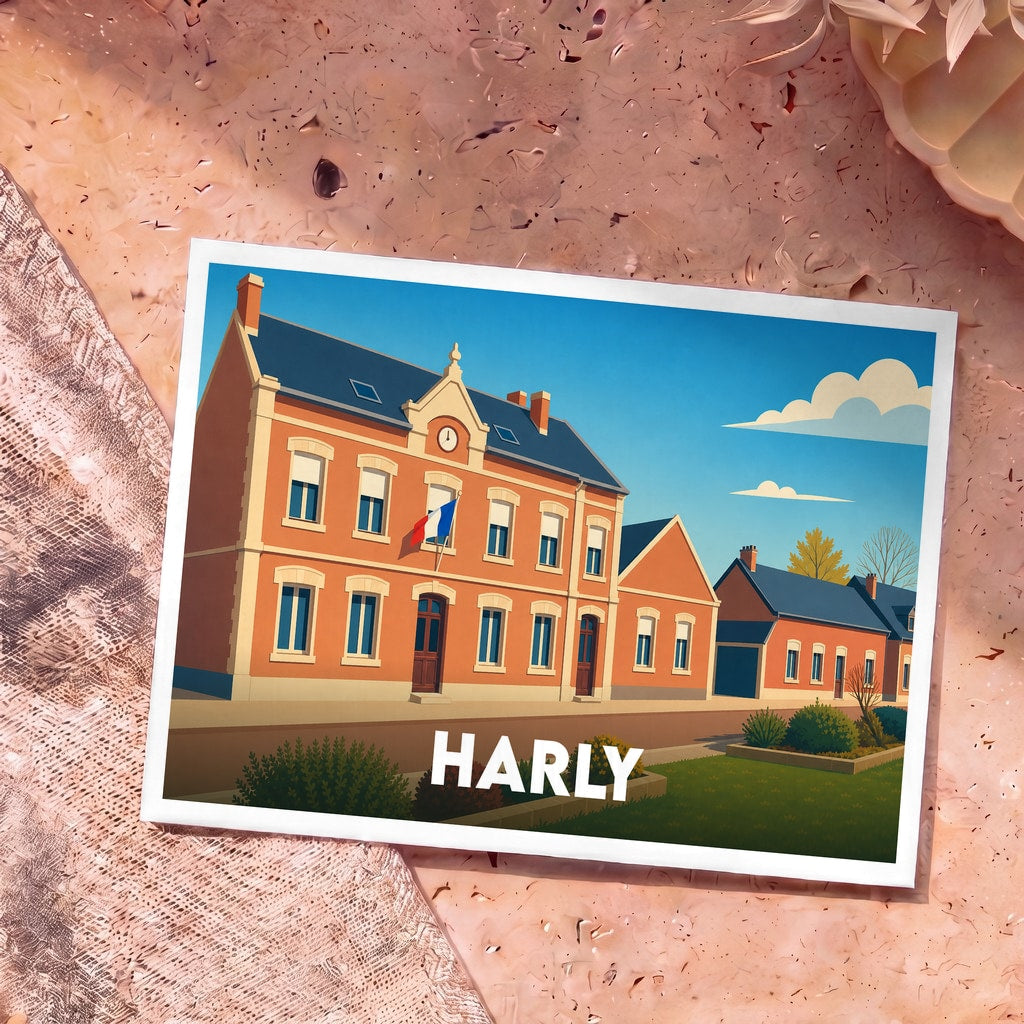 Carte postale souvenir de la ville de Harly avec une illustration stylisée de sa mairie.