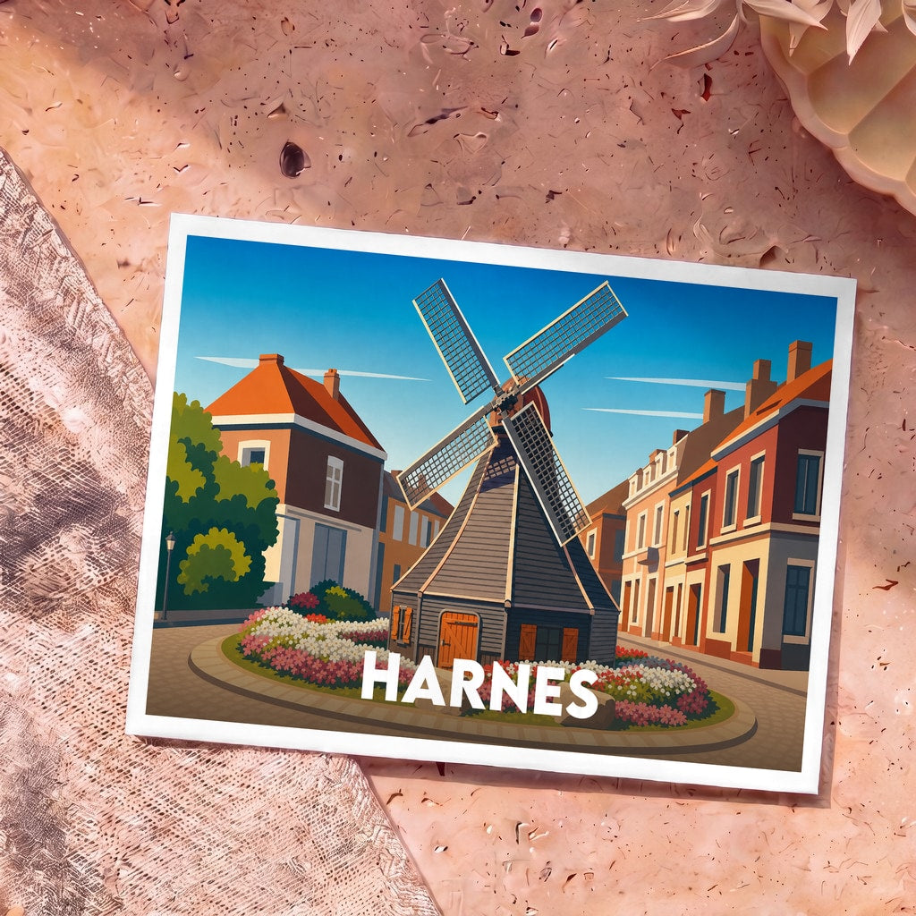 Carte postale souvenir de la ville de Harnes avec une illustration stylisée d'un moulin à vent.