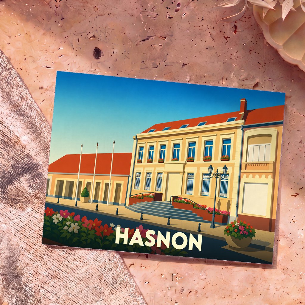 Carte postale souvenir de la ville de Hasnon avec une illustration stylisée de son hôtel de ville.