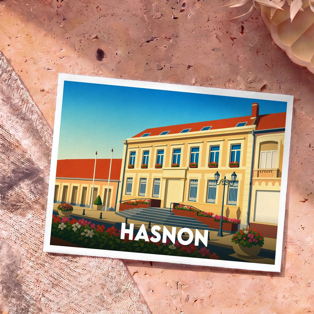 Carte postale souvenir de la ville de Hasnon avec une illustration stylisée de son hôtel de ville.