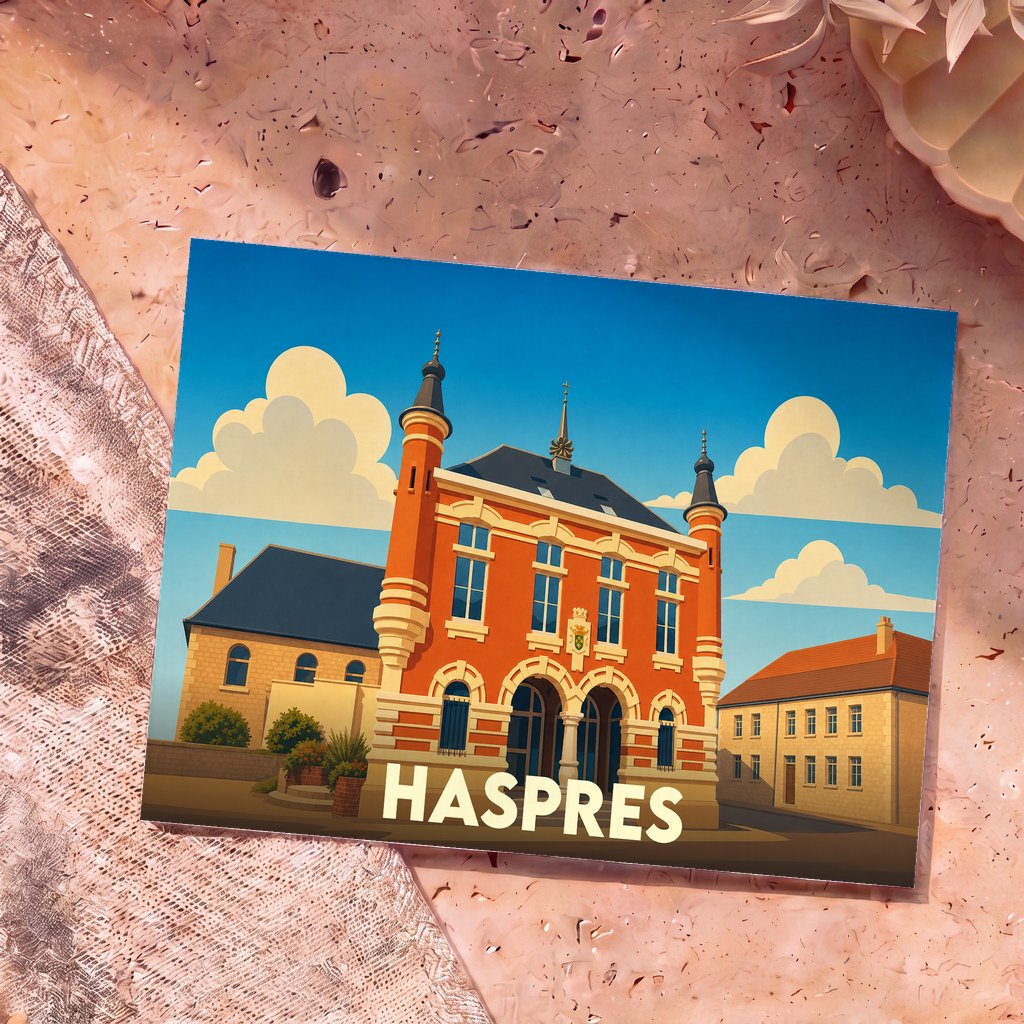 Carte postale souvenir de la ville de Haspres avec une illustration stylisée de son hôtel de ville.