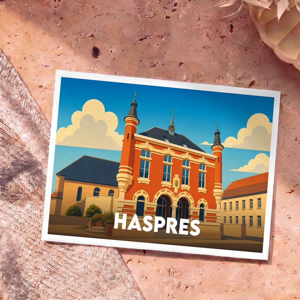 Carte postale souvenir de la ville de Haspres avec une illustration stylisée de son hôtel de ville.