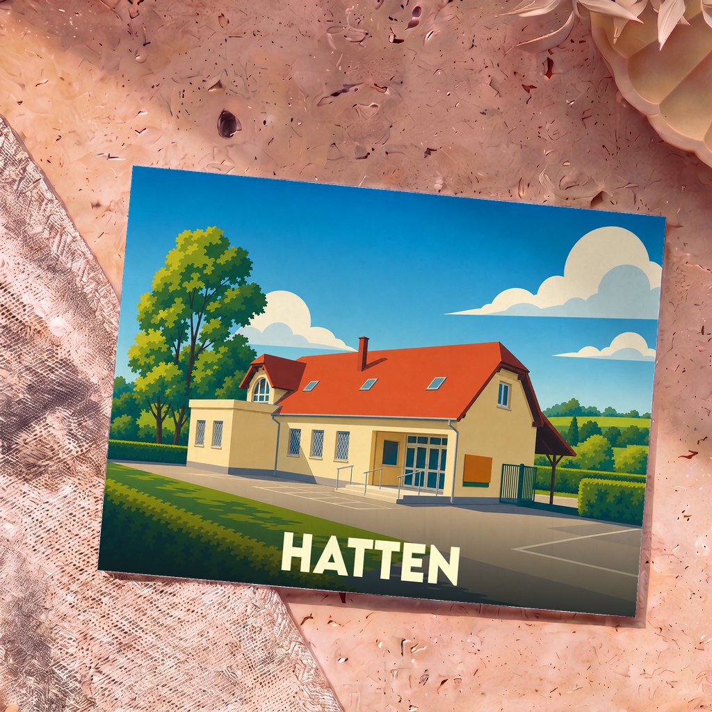 Carte postale souvenir de la ville de Hatten avec une illustration stylisée d'un bâtiment sous un ciel bleu.