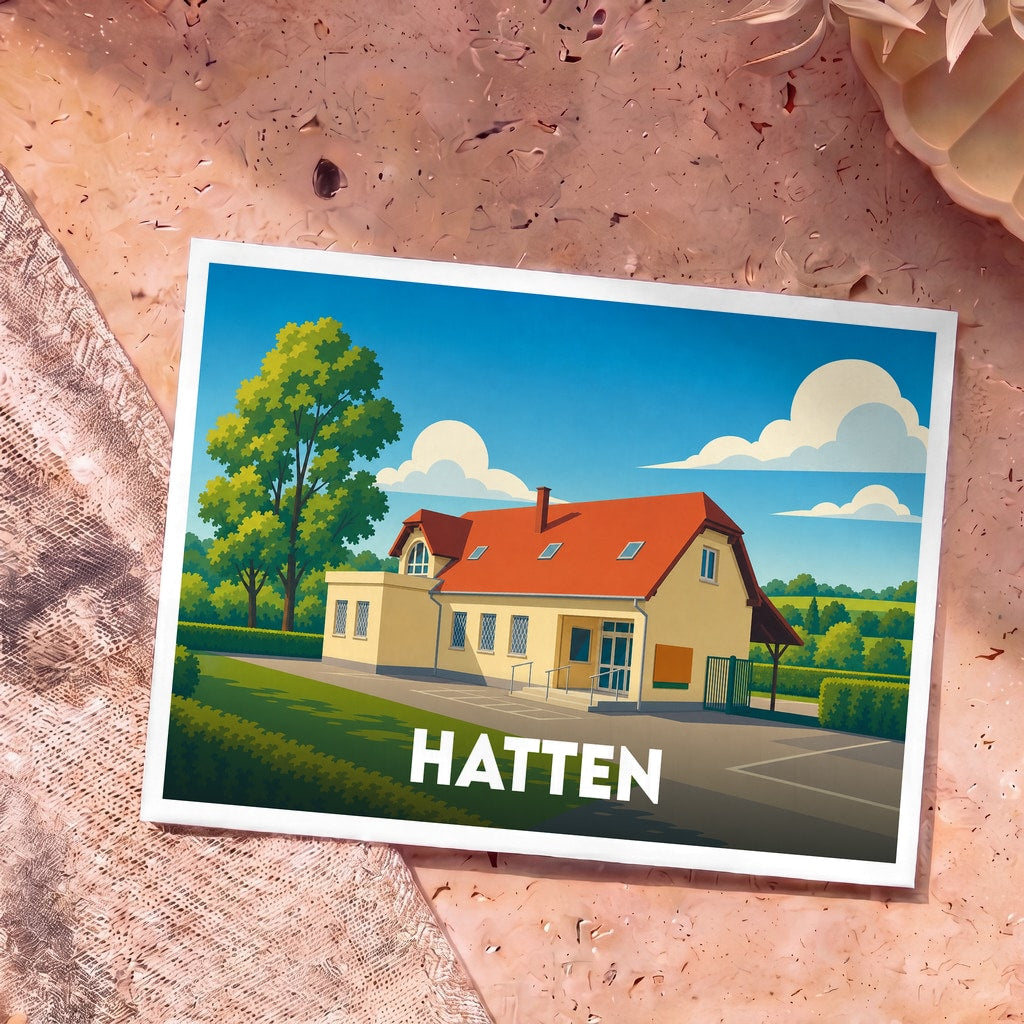 Carte postale souvenir de la ville de Hatten avec une illustration stylisée d'un bâtiment sous un ciel bleu.