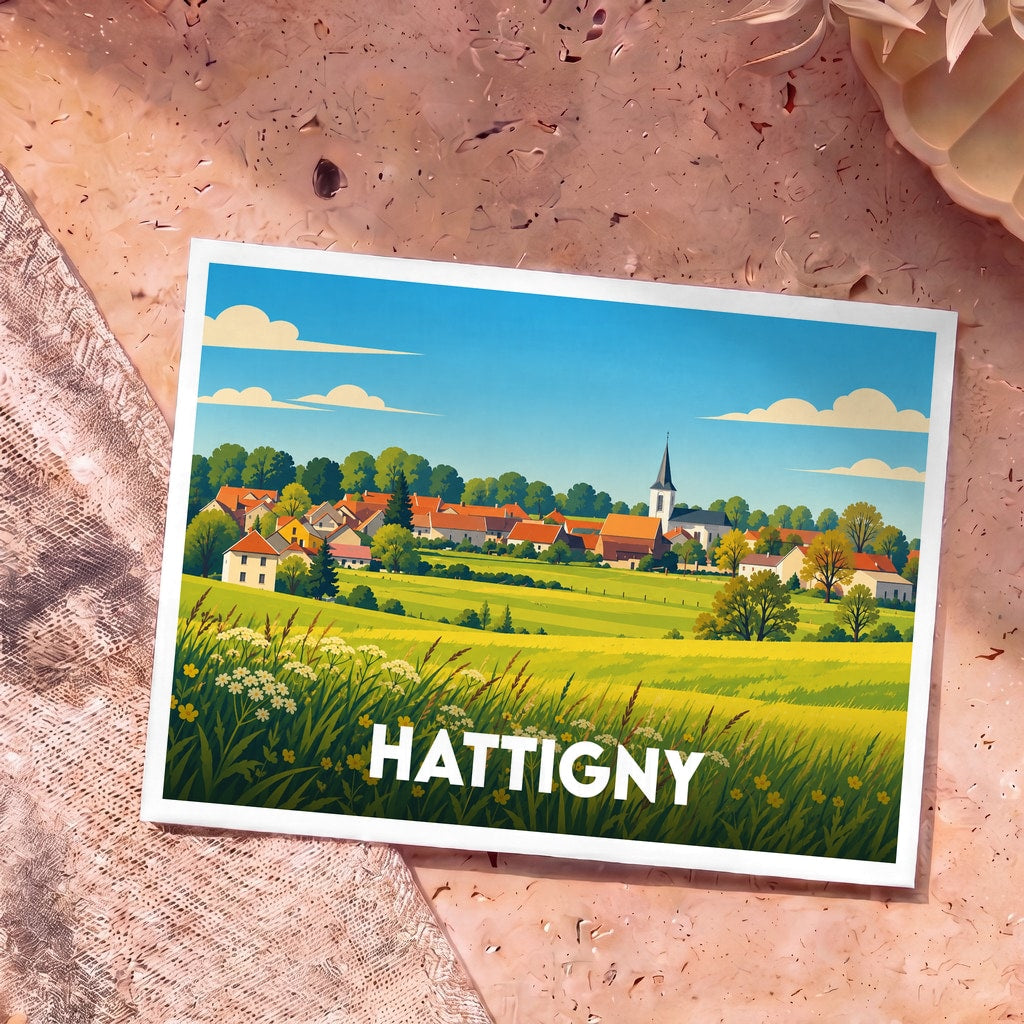 Carte postale souvenir de la ville de Hattigny avec une illustration stylisée de son paysage rural.