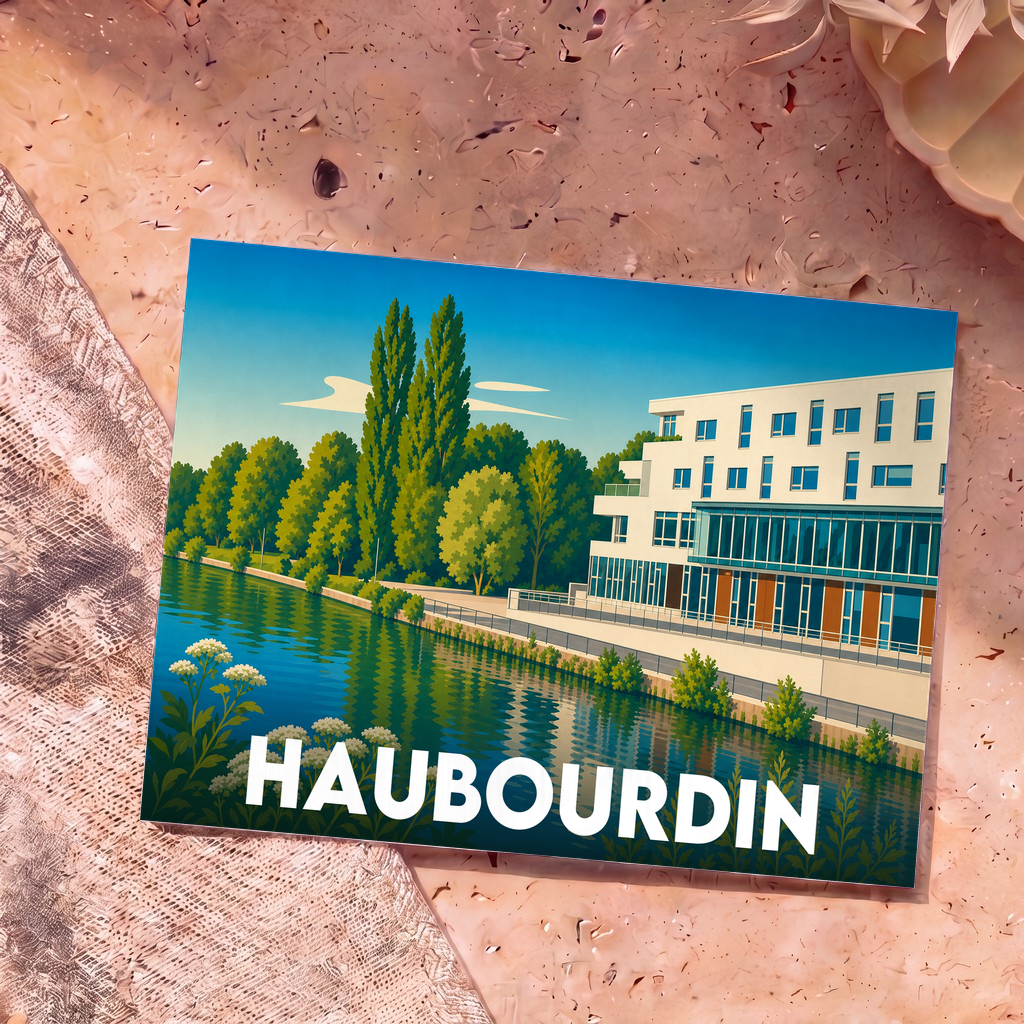 Carte postale souvenir de la ville de Haubourdin avec une illustration stylisée d'un bâtiment moderne au bord de l'eau.