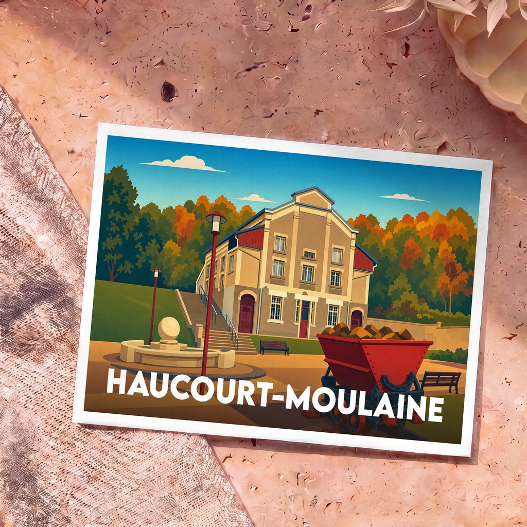 Carte postale souvenir de la ville de Haucourt-Moulaine avec une illustration stylisée d'un bâtiment historique et d'un wagonnet de mine.
