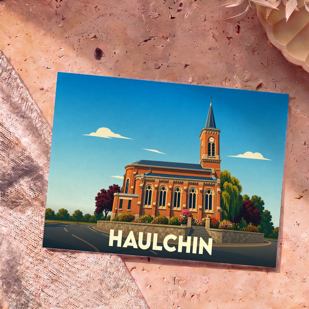 Carte postale souvenir de la ville de Haulchin avec une illustration stylisée de son église.