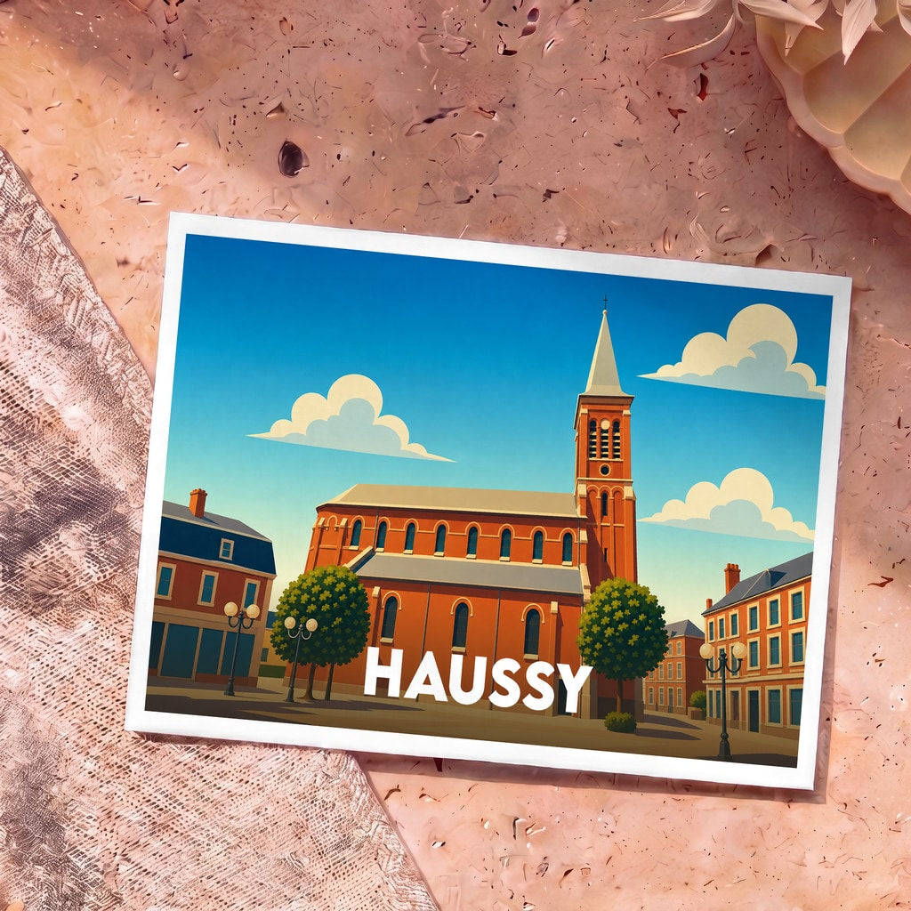 Carte postale souvenir de la ville de Haussy avec une illustration stylisée de son église et de ses bâtiments.
