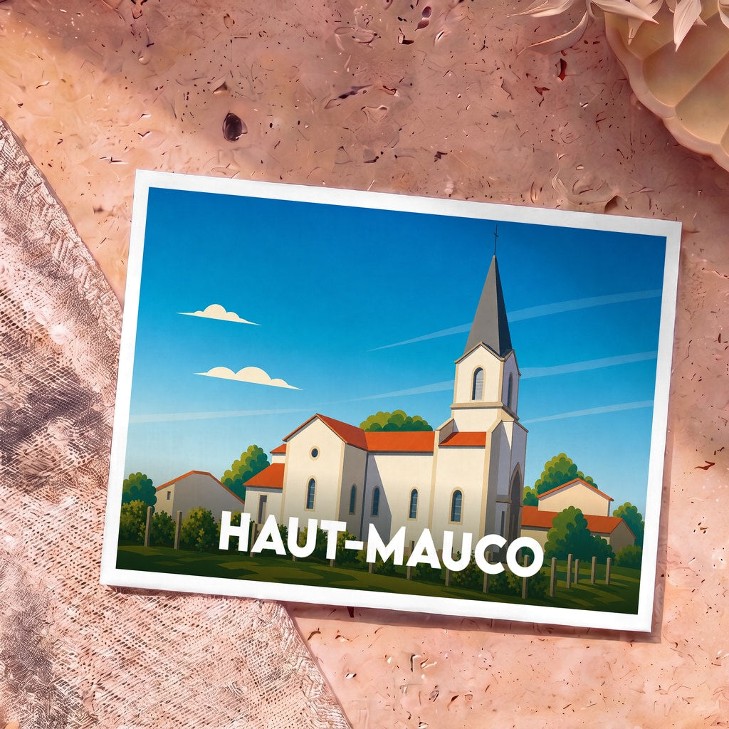 Carte postale souvenir de la ville de Haut-Mauco illustrant son église dans un style graphique épuré.