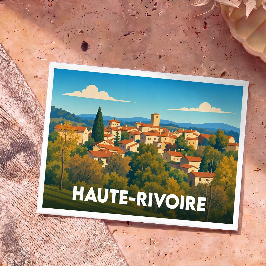 Carte postale souvenir de la ville de Haute-Rivoire avec une illustration stylisée d'un village pittoresque.