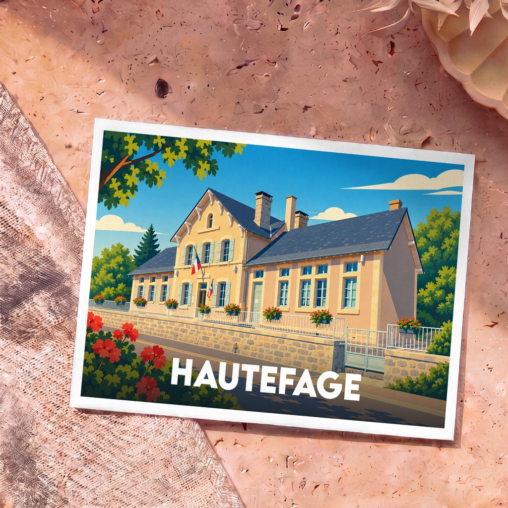 Carte postale souvenir de la ville de Hautefage avec une illustration colorée et stylisée de sa mairie.