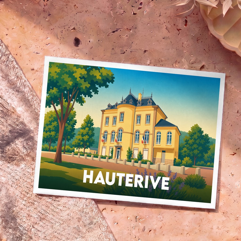 Carte postale souvenir de la ville de Hauterive avec une illustration stylisée de sa mairie.