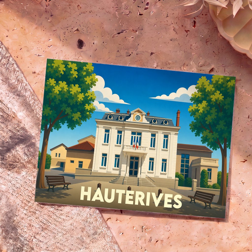 Carte postale souvenir de la ville de Hauterives illustrant sa mairie dans un style graphique et coloré.