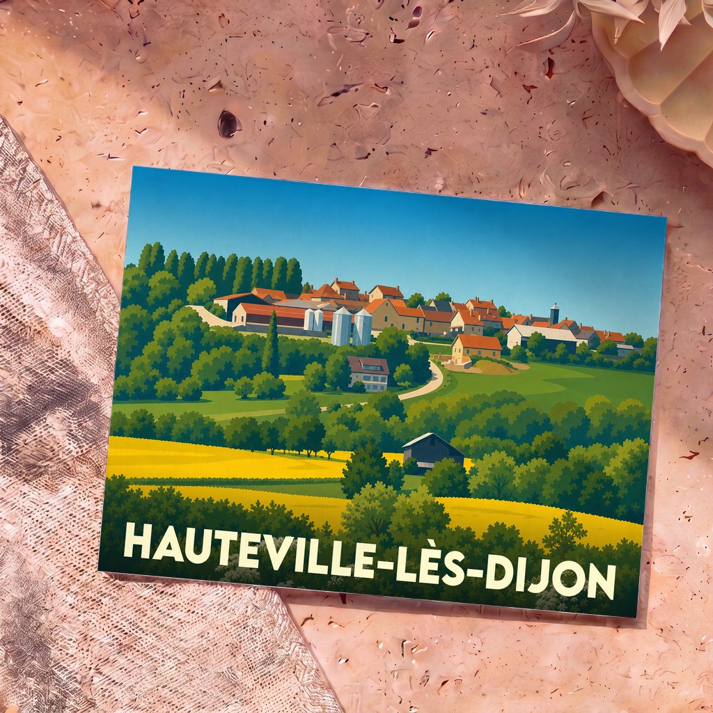 Carte postale souvenir de la ville de Hauteville-lès-Dijon avec une illustration stylisée de son paysage rural.