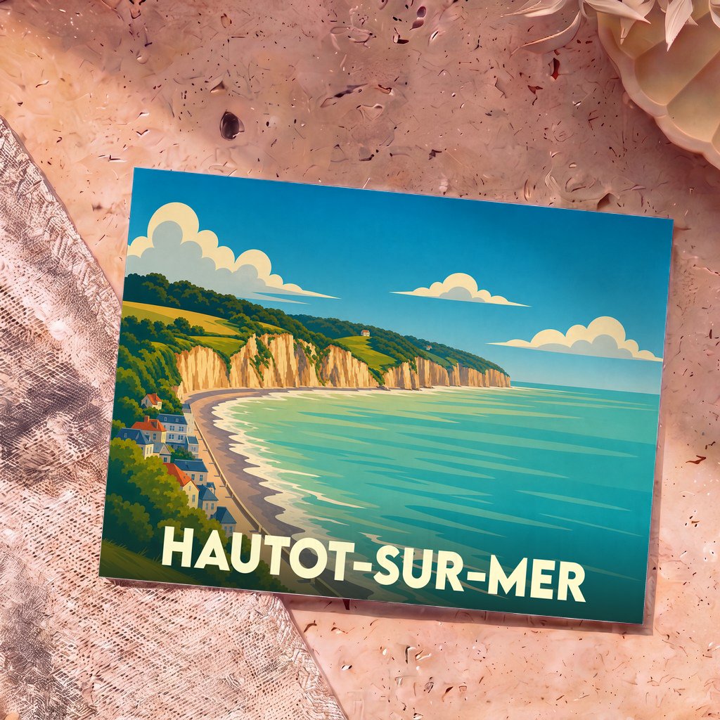 Carte postale souvenir de la ville de Hautot-sur-Mer avec une illustration stylisée de son littoral.