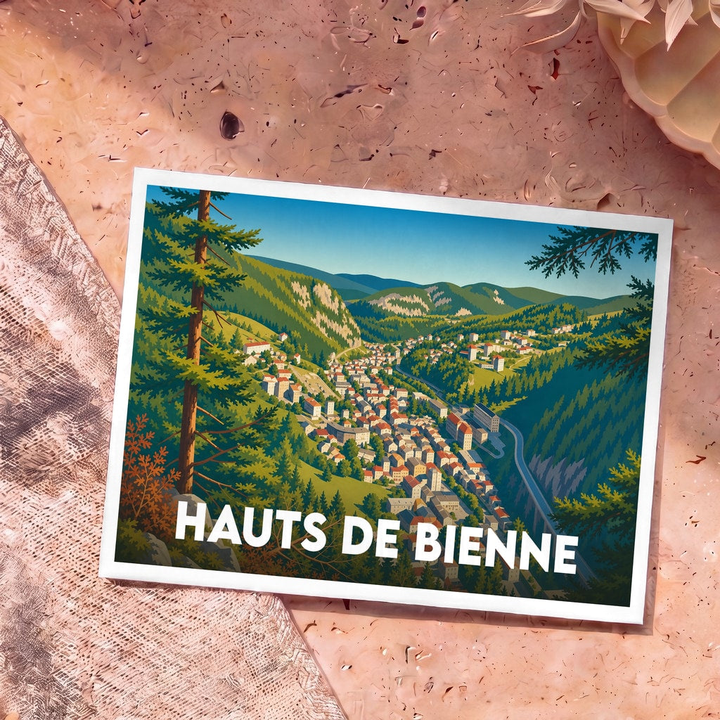 Carte postale souvenir de la ville de Hauts de Bienne avec une illustration stylisée d'un village de montagne.