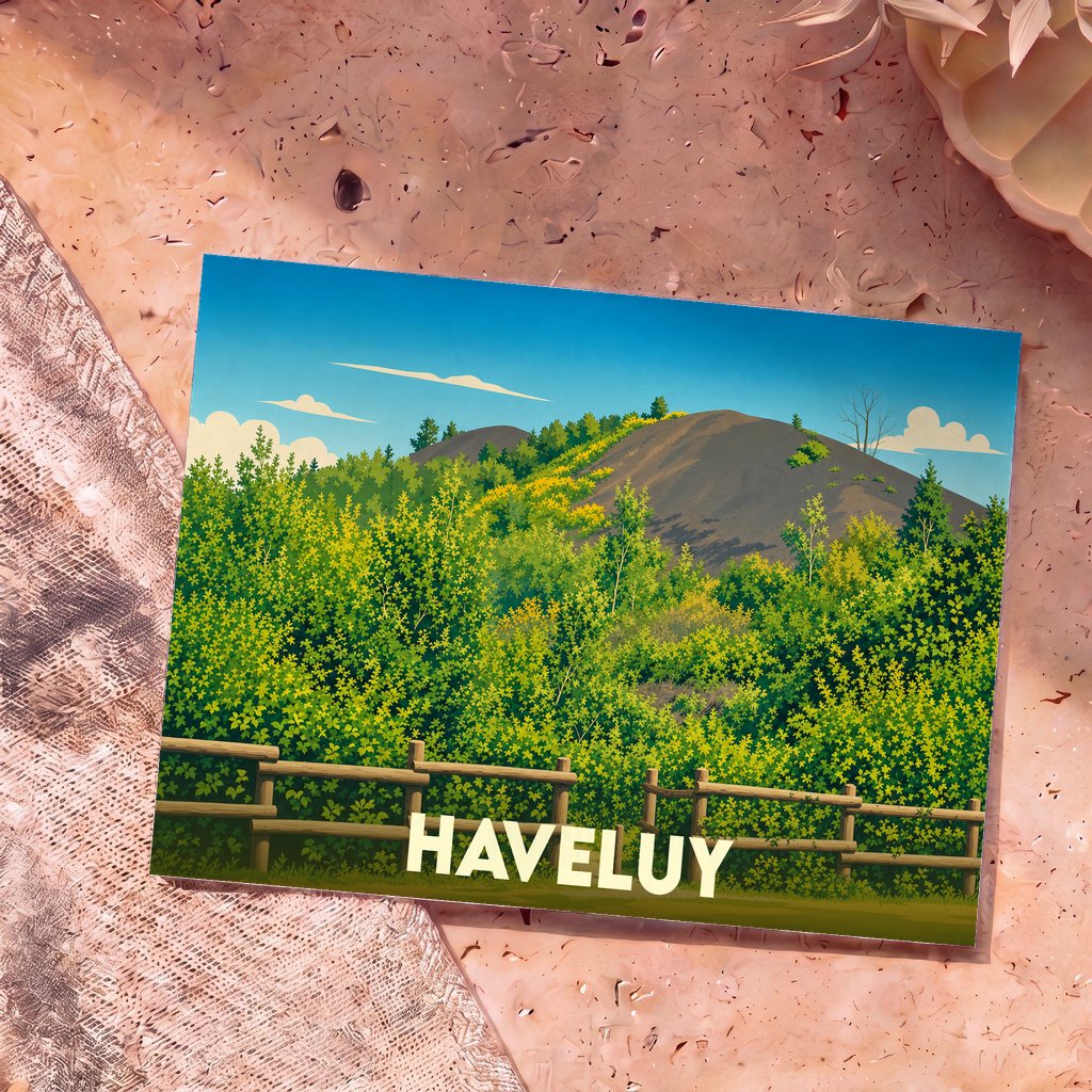 Carte postale souvenir de la ville de Haveluy illustrant un paysage de terril arboré avec un style graphique épuré.