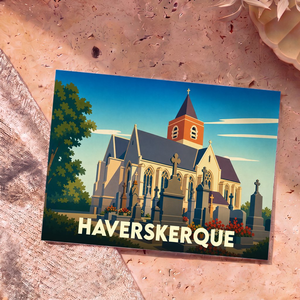 Carte postale souvenir de la ville de Haverskerque avec une illustration stylisée de son église et de son cimetière.