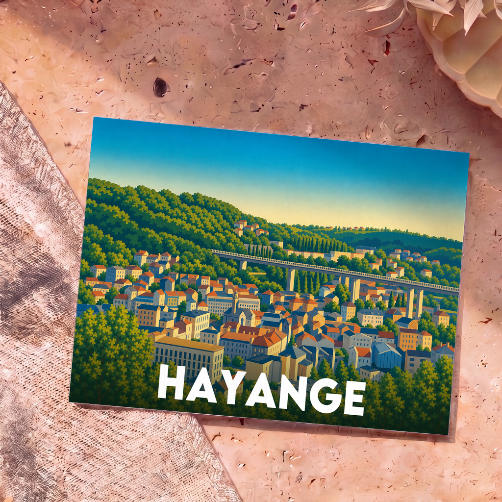 Carte postale souvenir de la ville de Hayange avec une illustration stylisée et colorée de ses paysages.