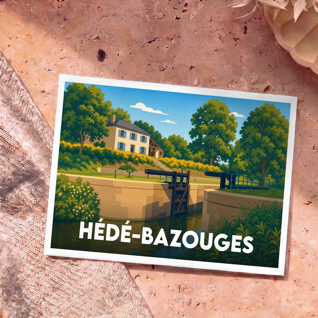 Carte postale souvenir de la ville de Hédé-Bazouges avec une illustration stylisée d'une écluse et d'une maison éclusière.