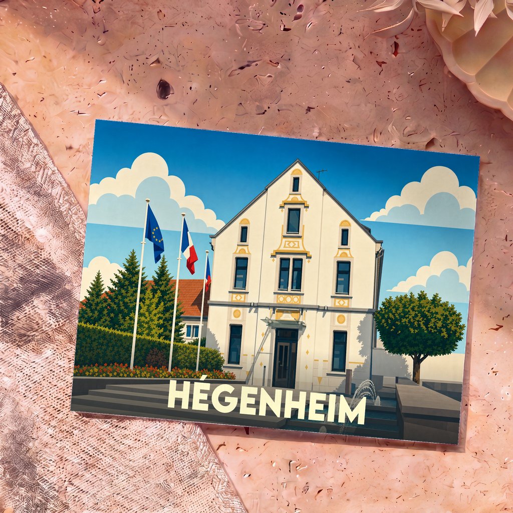 Carte postale souvenir de la ville de Hégenheim illustrant sa mairie dans un style graphique épuré.
