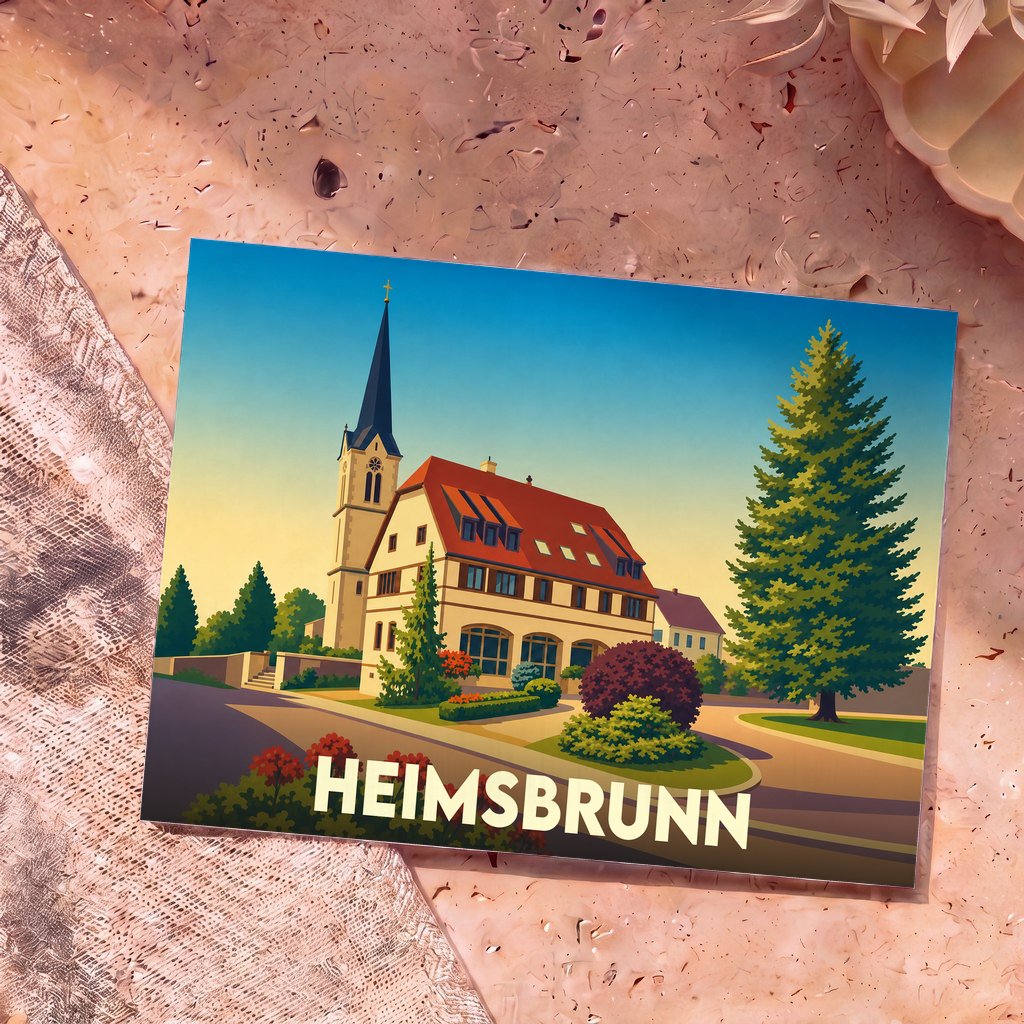 Carte postale souvenir de la ville de Heimsbrunn avec une illustration stylisée de son église et de son architecture locale.