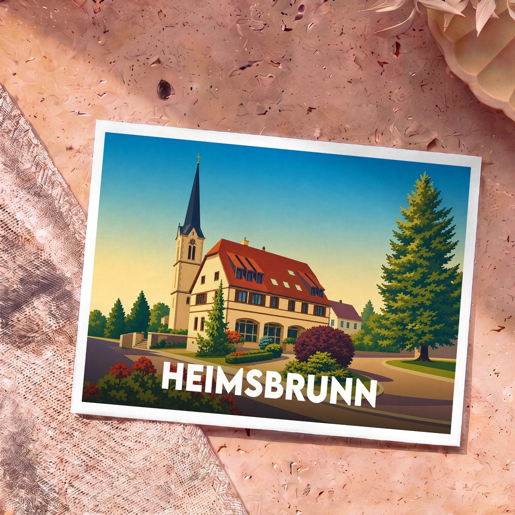 Carte postale souvenir de la ville de Heimsbrunn avec une illustration stylisée de son église et de son architecture locale.