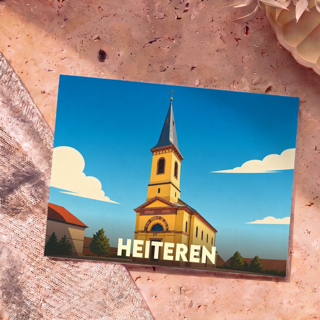 Carte postale souvenir de la ville de Heiteren avec une illustration stylisée de son église.