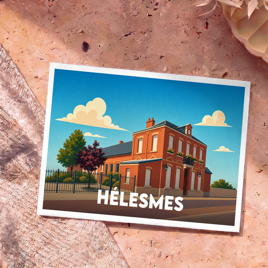 Carte postale souvenir de la ville de Hélesmes présentant une illustration stylisée de sa mairie en briques rouges.