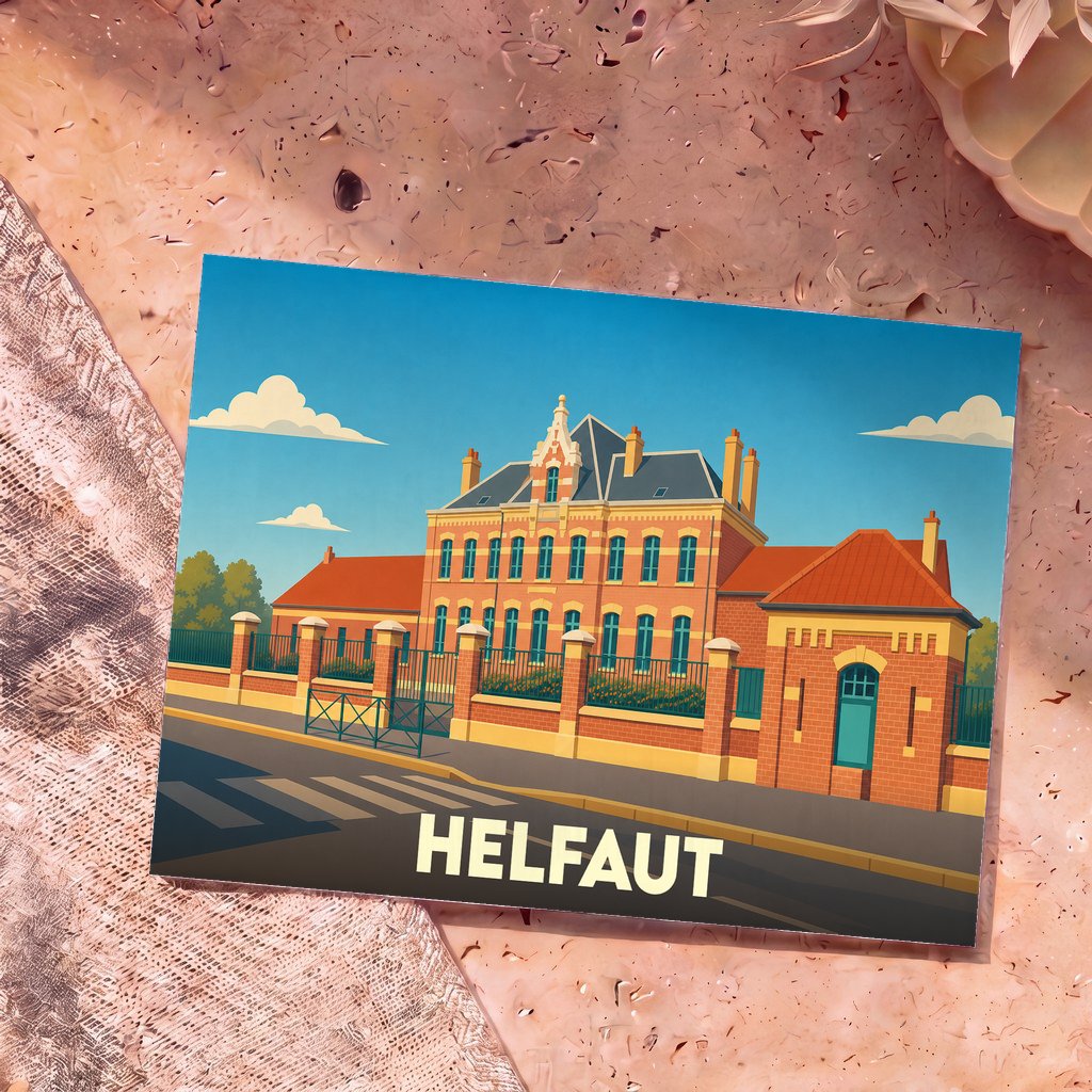 Carte postale souvenir de la ville d'Helfaut avec une illustration stylisée de son architecture en briques.