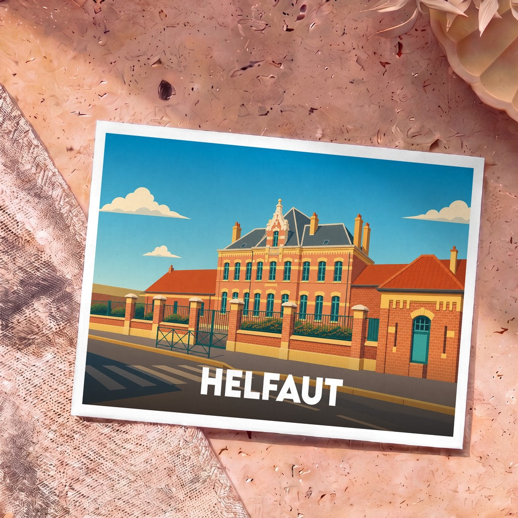 Carte postale souvenir de la ville d'Helfaut avec une illustration stylisée de son architecture en briques.