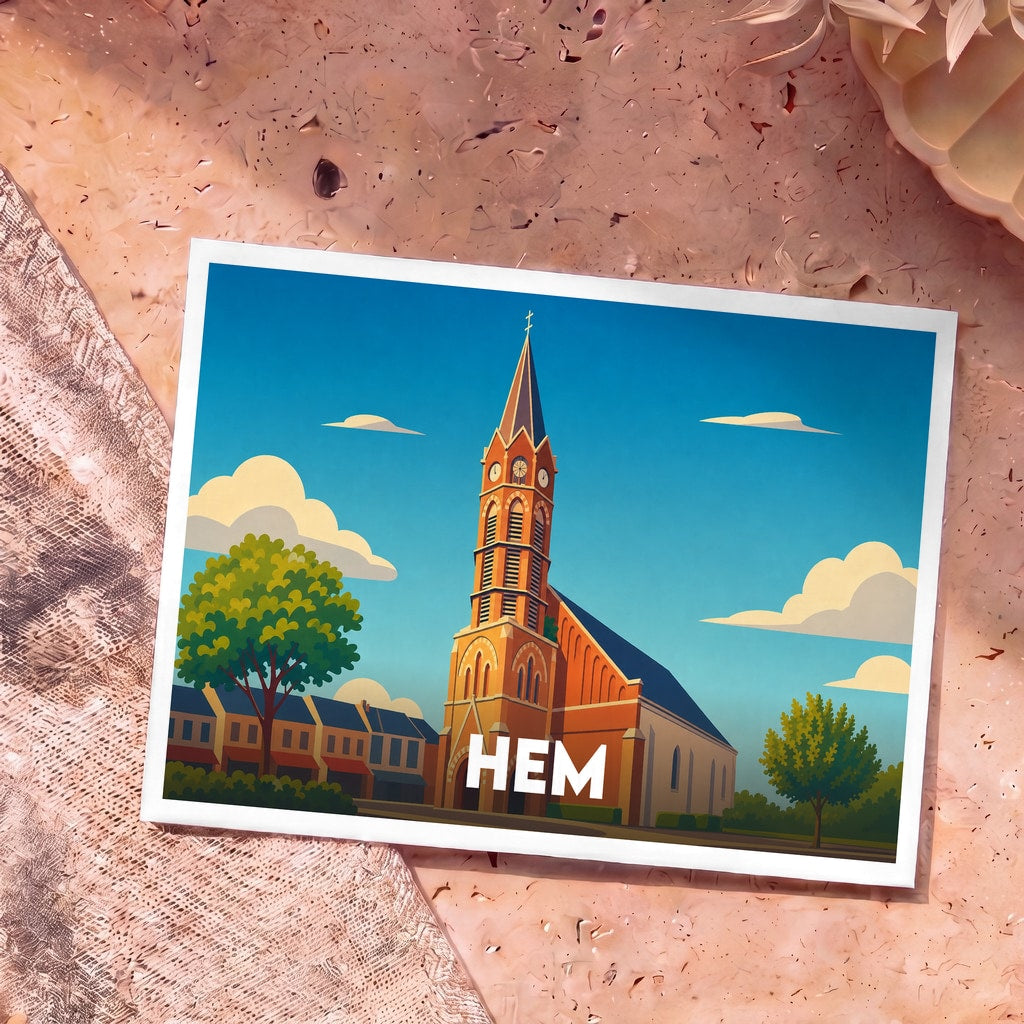 Carte postale souvenir de la ville de Hem avec une illustration stylisée d'une église.