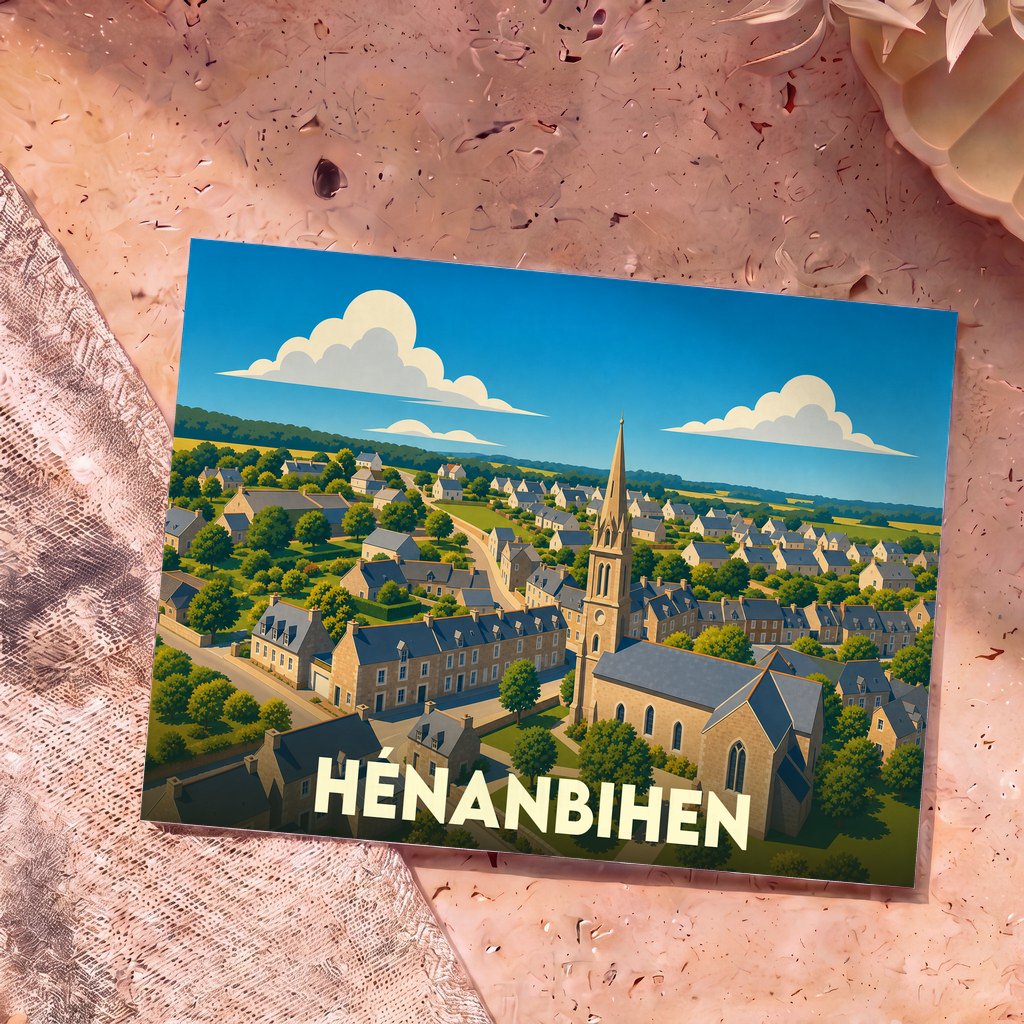 Carte postale souvenir de la ville de Hénanbihen avec une illustration stylisée.