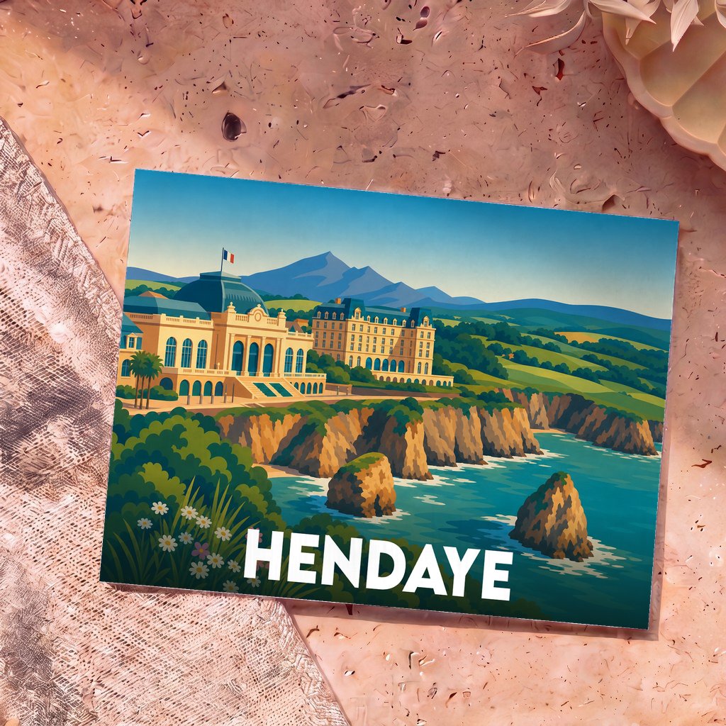 Carte postale souvenir de la ville de Hendaye représentant une vue stylisée de la côte et du vieux casino sur les falaises.