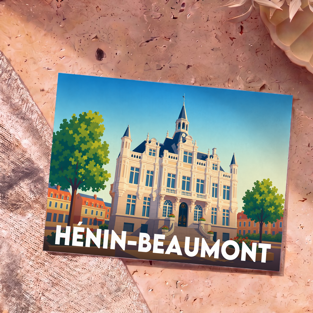 Carte postale souvenir de la ville de Hénin-Beaumont avec une illustration stylisée de son hôtel de ville.