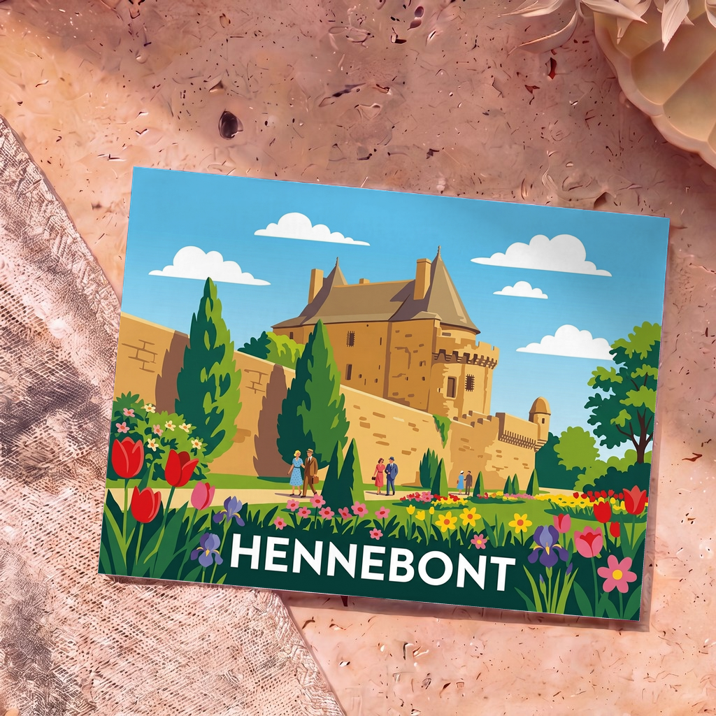 Carte postale souvenir de la ville de Hennebont ornée d'une illustration stylisée de ses remparts et jardins fleuris.