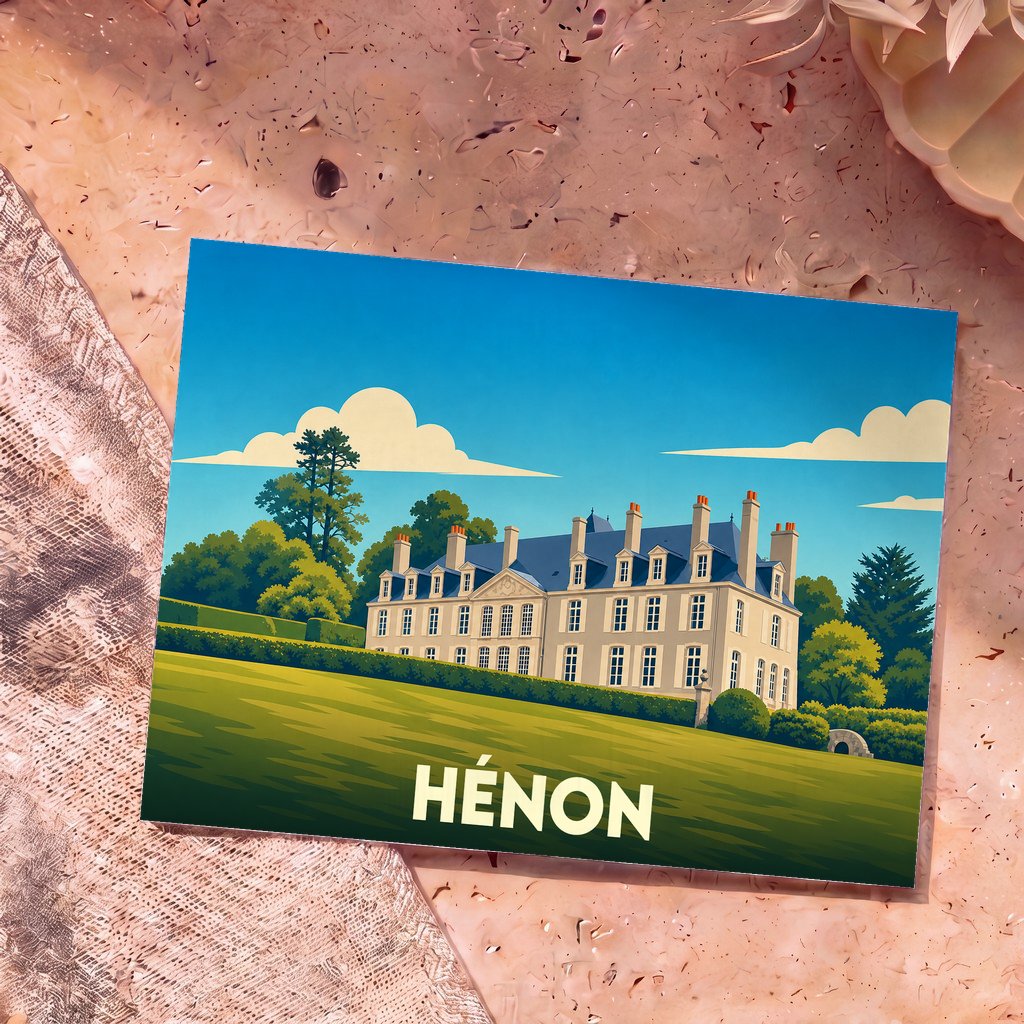 Carte postale souvenir de la ville de Hénon illustrant un château majestueux dans un style graphique épuré.