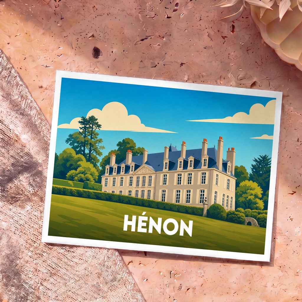 Carte postale souvenir de la ville de Hénon illustrant un château majestueux dans un style graphique épuré.
