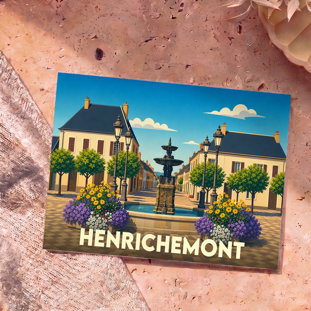 Carte postale souvenir de la ville d'Henrichemont avec une illustration stylisée de sa place centrale.