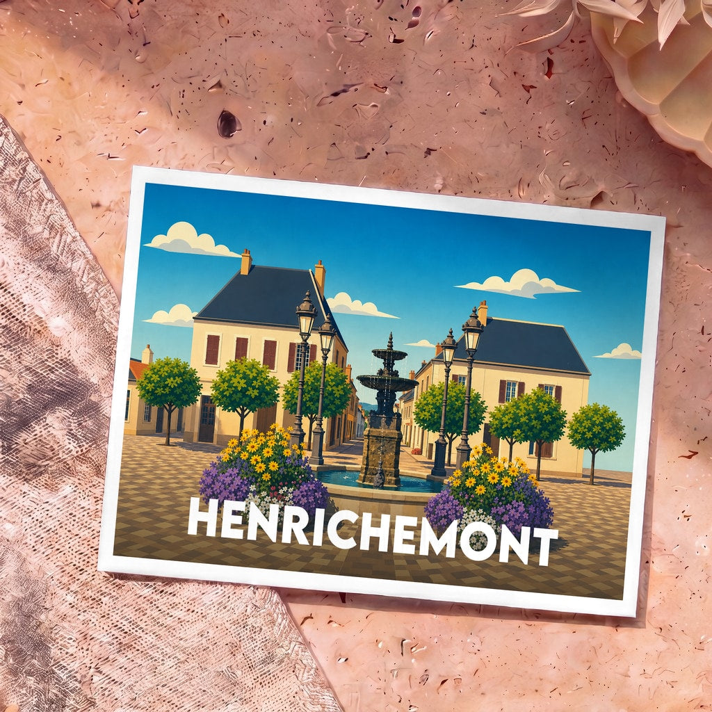 Carte postale souvenir de la ville d'Henrichemont avec une illustration stylisée de sa place centrale.