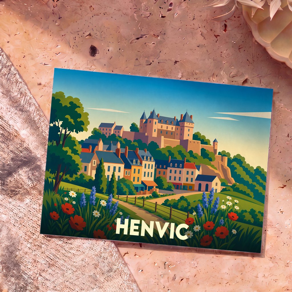 Carte postale souvenir de la ville de Henvic illustrant un paysage de village et de château dans un style graphique coloré.